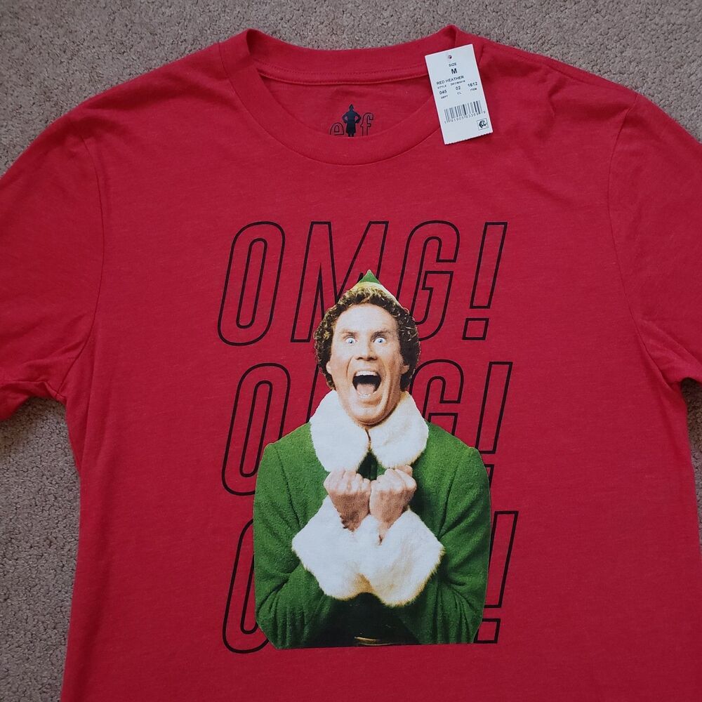 NWT Elf OMG! SANTA! I Know Him! Size Medium Mens Red Double Side T-Shirt - Picture 2 of 6